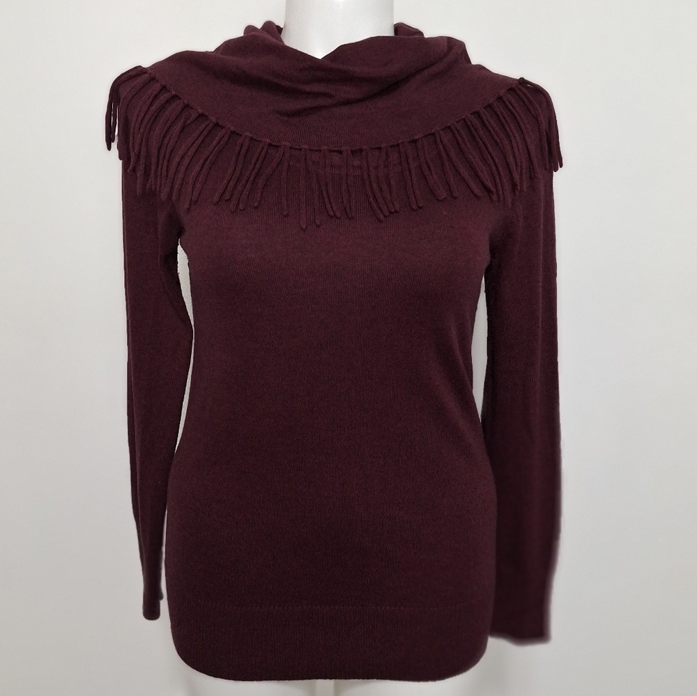 Chelsea & Theodore Burgundy Wine Rayon Wool Blend Fringe Cowl Neck Sweater Sz. L